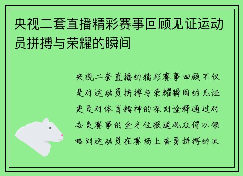 央视二套直播精彩赛事回顾见证运动员拼搏与荣耀的瞬间